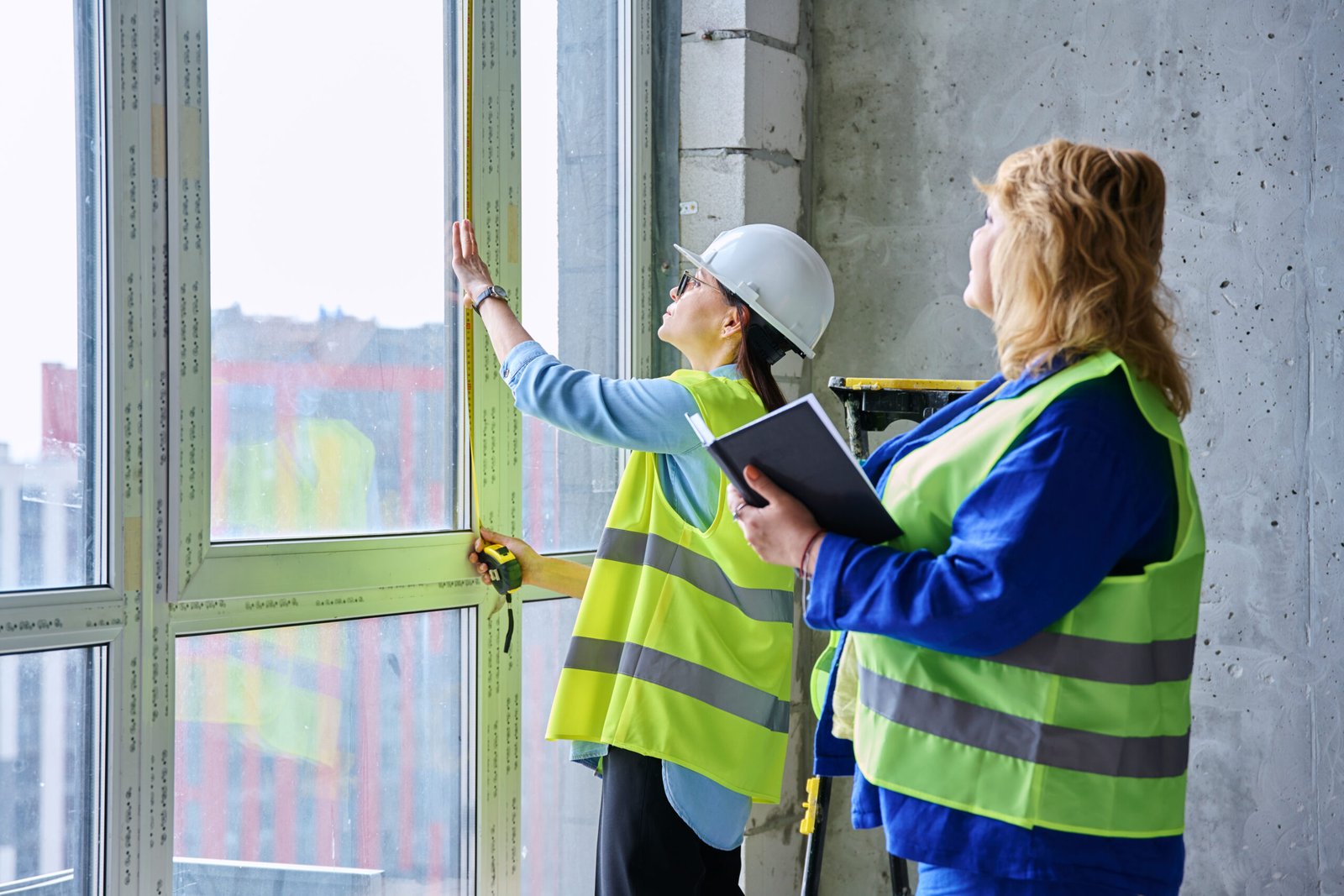 Zwei Handwerkerinnen messen und kontrollieren einen Fensterrahmen auf der Baustelle