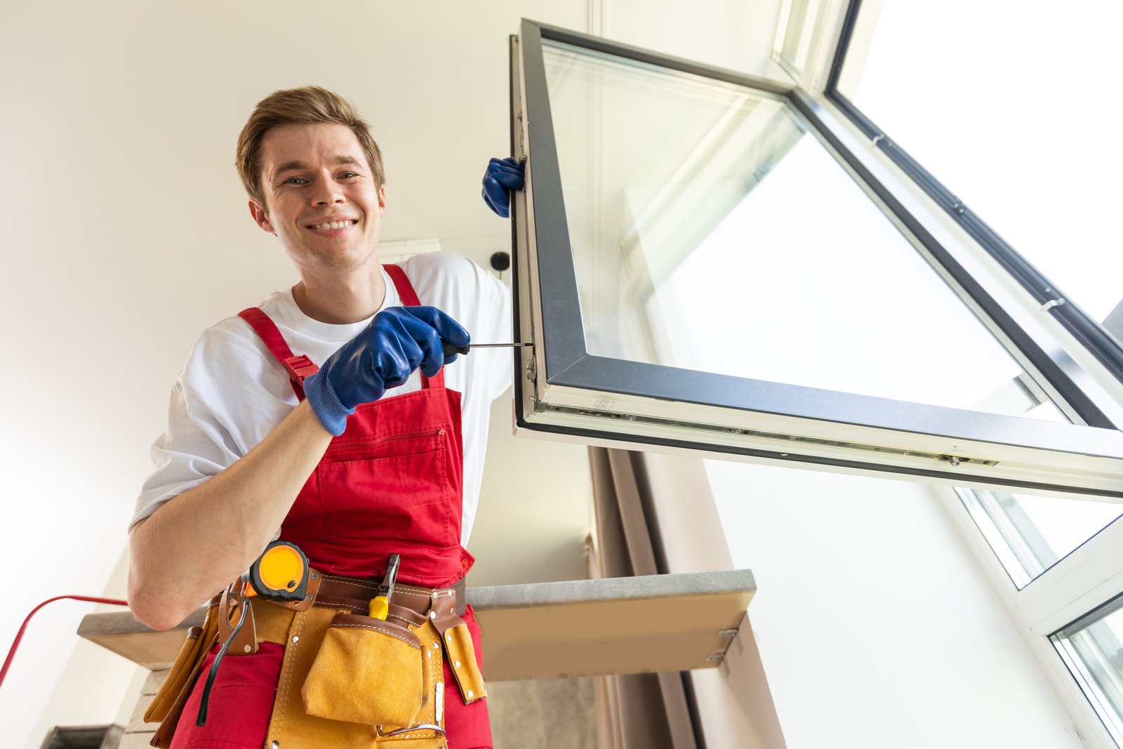 Handwerker justiert ein gekipptes Fenster mit Schraubenzieher